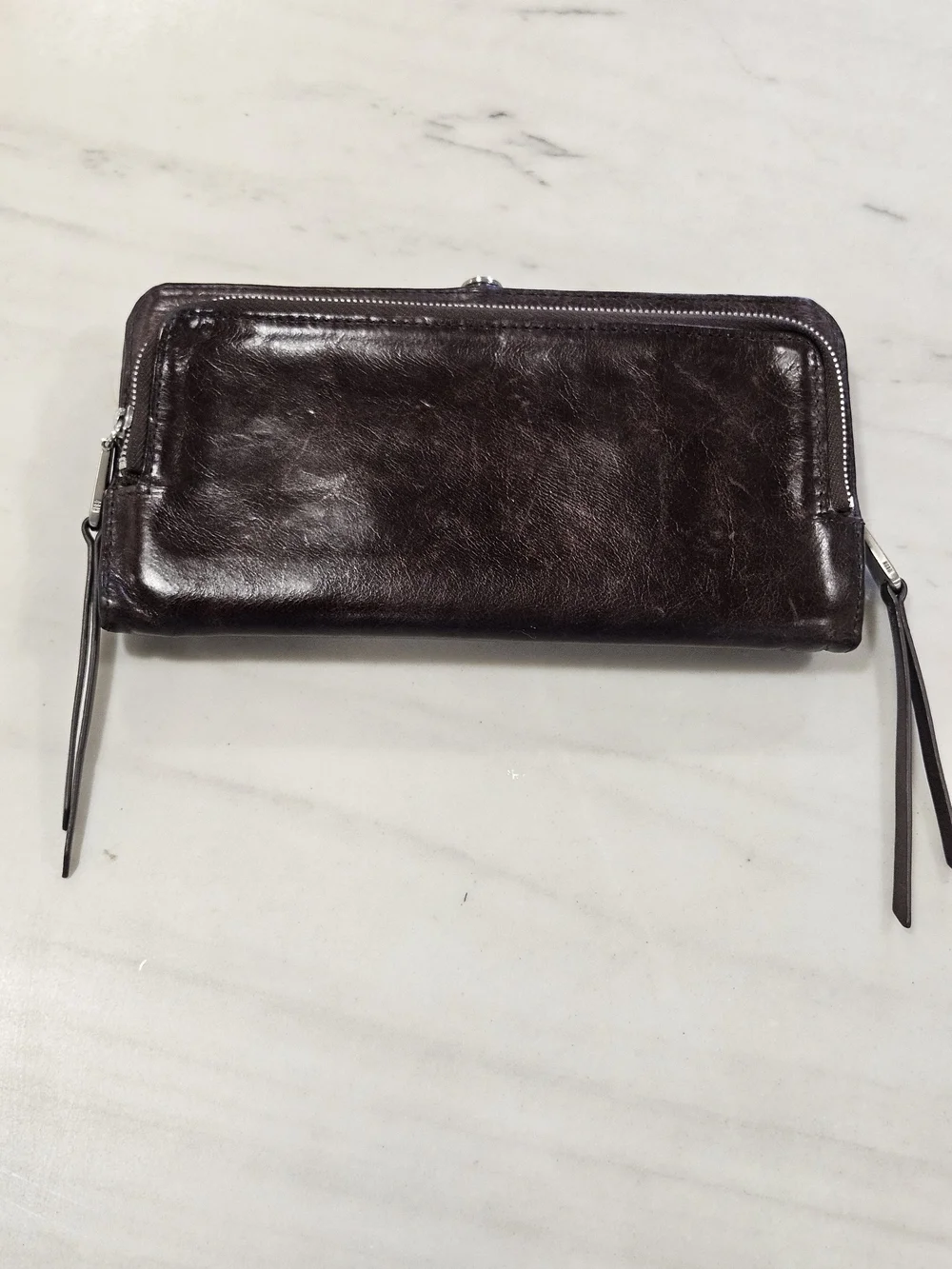 HOBO Lauren Leather Clutch Purse Vintage Style Kiss Lock Double Zip Walnut Brown